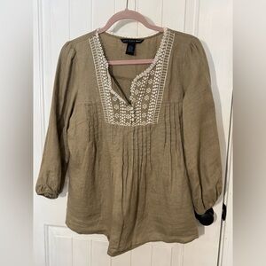 Saint Tropez West 100% linen Tan Blouse with White Embroidery